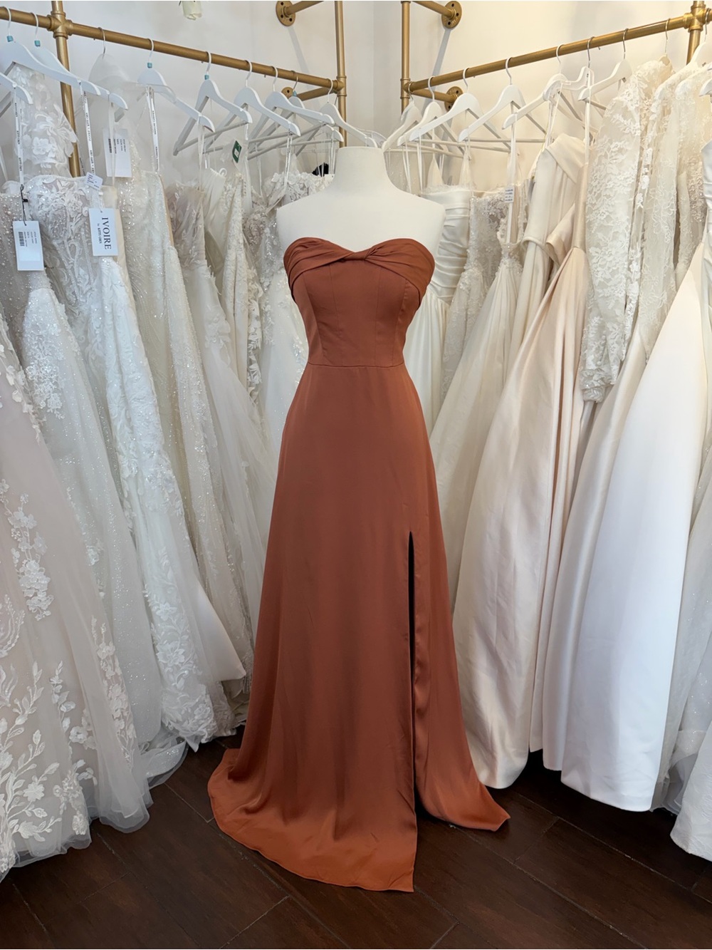 Mori Lee Rust Strapless Satin Gown with Front Slit